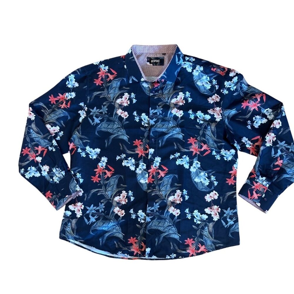 Bespoke Shirt Mens Floral Long Sleeve Navy Red White 4XL Flip Cuff Hawaiian